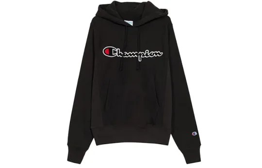 Champion Flock Grass Written Fleece Lined Hoodie Pullover Sweatshirt US Version Unisex Black