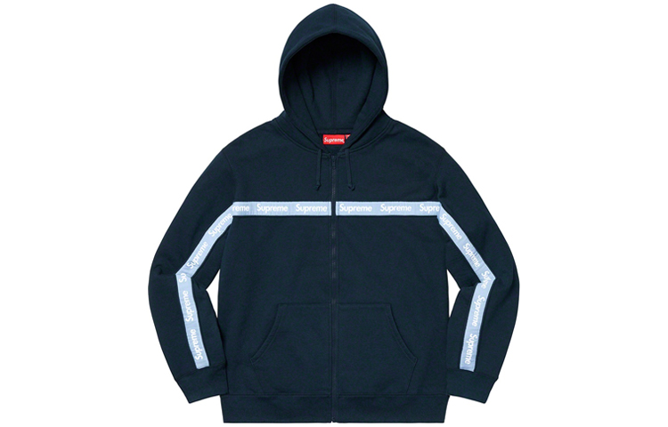 Supreme FW19 Week 9 Text Stripe Zip Up Hooded Sweatshirt American Trendy Sweatshirt Jacket Unisex Navy Blue