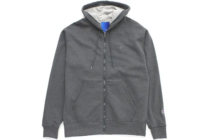 Champion Double Logo Embroidery Zip Front Hat Fleece Lined Sweatshirt US Version Unisex Dark Gray