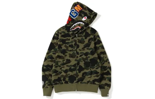 A BATHING APE Shark Series 1ST Camo Shark Full Zip Hoodie Offset Shark Zipper Hoodie Men's Green Camouflage