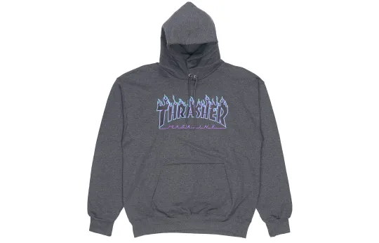 Thrasher Flame Hoodie Flame Print Pullover Long Sleeved Fleece Lined Sweatshirt US Version, Winter Unisex Gray Blue