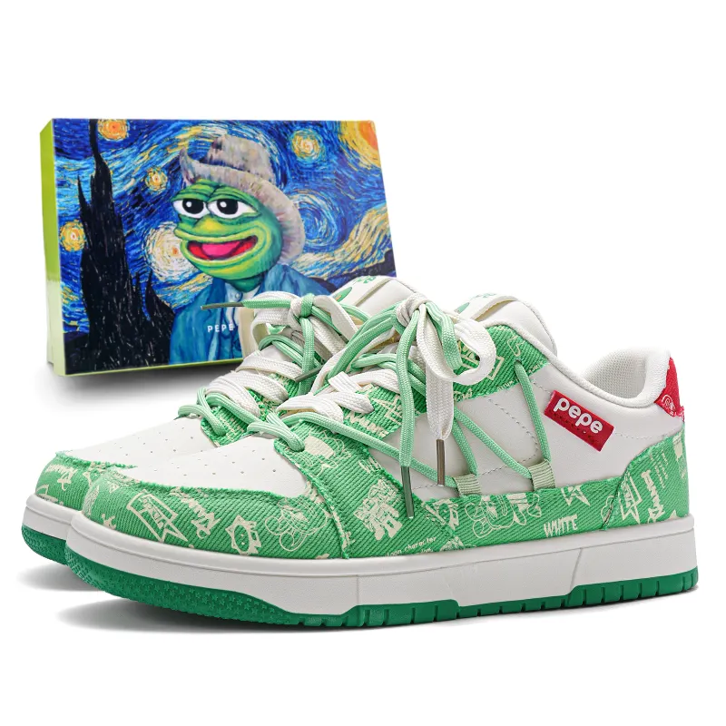 Pepe the Frog (pepe the frog) special deconstructed double shoelaces, youthful, campus casual, fashionable and versatile, trendy contrasting prints, high-end niche graffiti design, light and comfortable, non-slip and wear-resistant, thick soles with invisible height increase, low-cut sneakers, same style for men and women