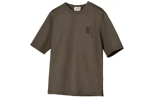 HERMES T Shirts Men's Brown Crew Neck Moderate Straight Fit