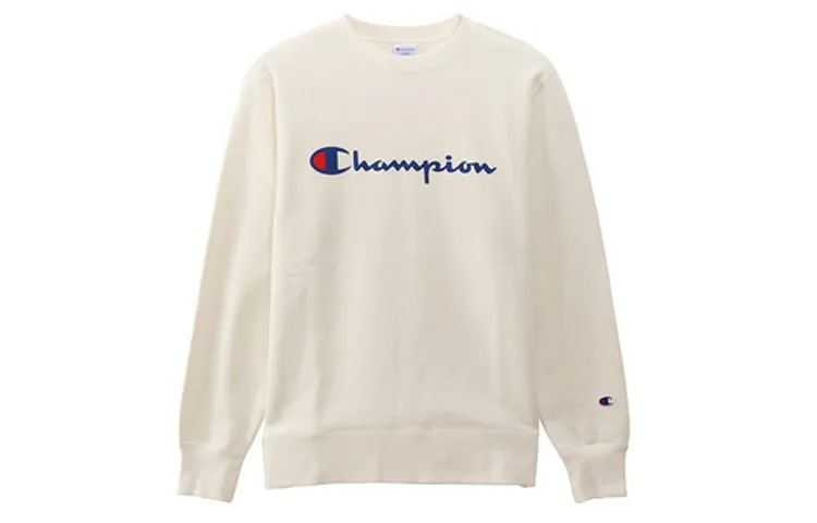 Champion Classic Print Base Layer Fleece Lined Crew Neck Pullover Sweatshirt Japan Version Unisex White