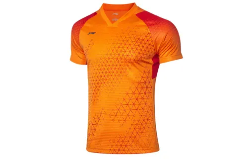 Li Ning Badminton Collection T Shirts Men's Flame Orange V Neck Moderate Straight Fit