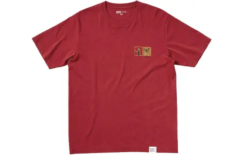 UNIQLO X Keith Haring T Shirts Unisex Red Crew Neck Moderate Straight Fit