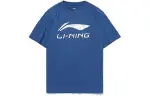 Li Ning Sports Fashion Collection T Shirts Men's French Porcelain Blue Crew Neck Moderate Straight Fit