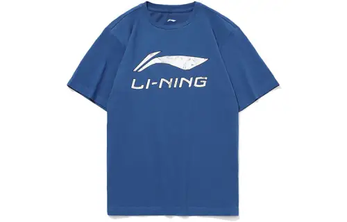 Li Ning Sports Fashion Collection T Shirts Men's French Porcelain Blue Crew Neck Moderate Straight Fit