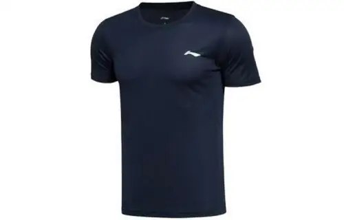 Li Ning T Shirts Men's Ink Blue Crew Neck Moderate Straight Fit