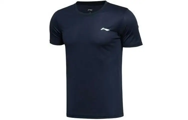 Li Ning T Shirts Men's Ink Blue Crew Neck Moderate Straight Fit