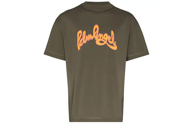 PALM ANGELS T Shirts Men's Olive Green Crew Neck Moderate Straight Fit