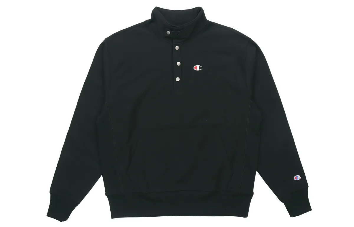 Champion Small Logo Snap Closure Medium Turtleneck Fleece Lined, Winter Sweatshirt Unisex Black