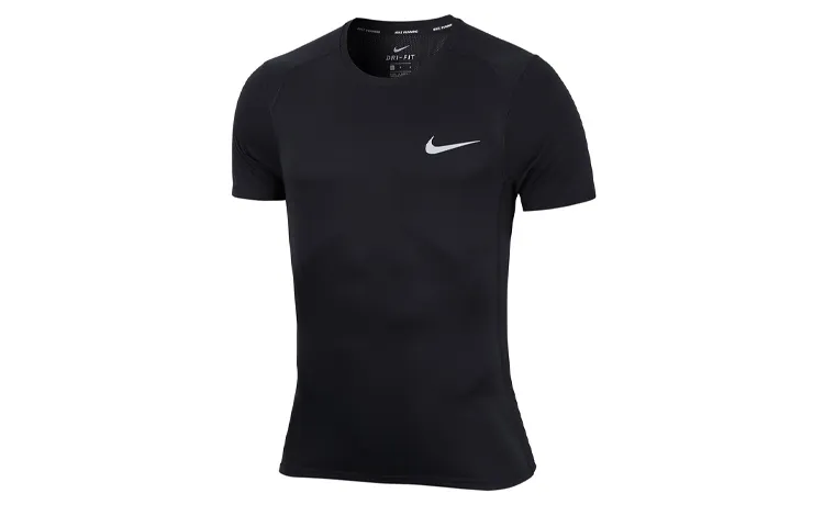 Nike MILER T-Shirts Men's Black Crew Neck Moderate Straight Fit