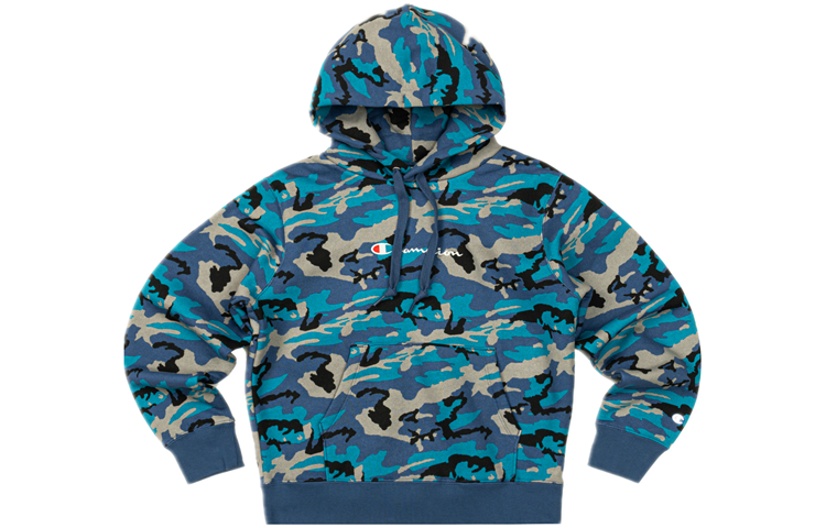 Champion Camouflage Grass Stitched Logo Fleece Lined, Japan Version Sweatshirt Unisex Blue Multicolor