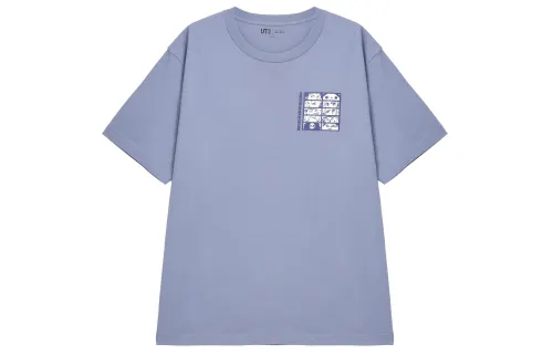UNIQLO T Shirts Unisex Sky Blue Crew Neck Moderate Straight Fit