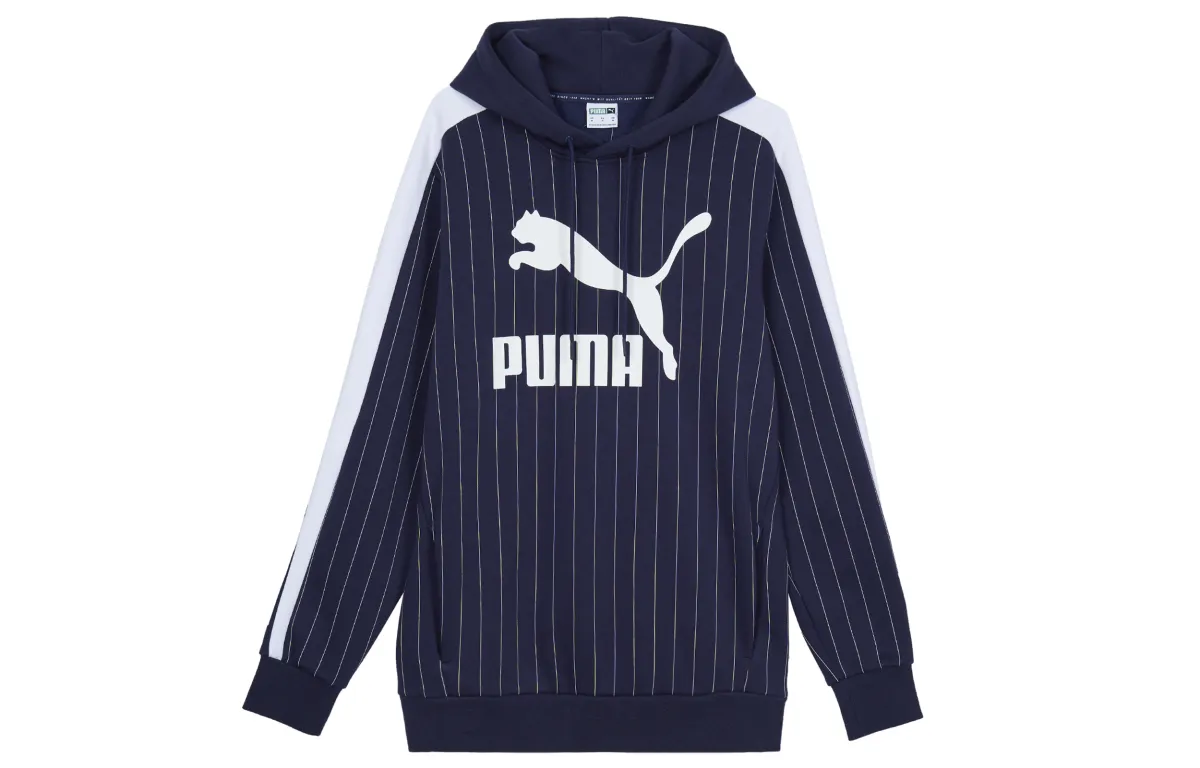 PUMA Pinstripe Sweatshirts Men's Tweed Blue Hooded Thickened Regular