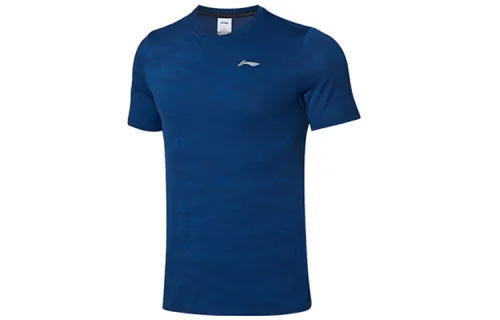 Li Ning Running Collection T Shirts Men's Blue Crew Neck Moderate Straight Fit