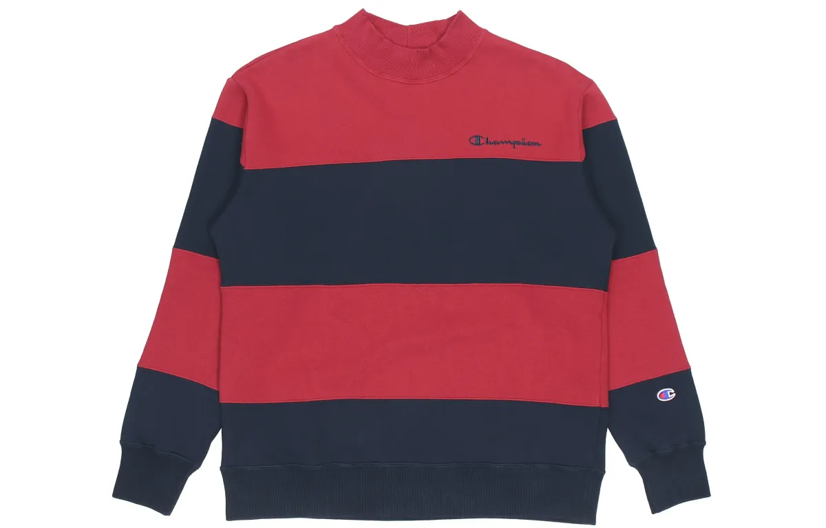 Champion Script Logo Stripes Low Neckline Fleece Lined Crew Neck Pullover Sweatshirt Japan Version Unisex Red