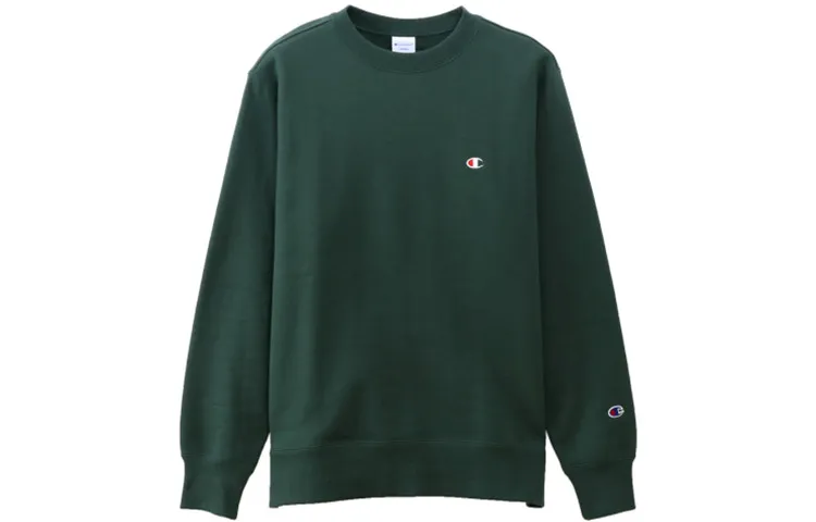 Champion Logo Crew Neck Fleece Lined Pullover Sweatshirt Japan Version Unisex Dark Green