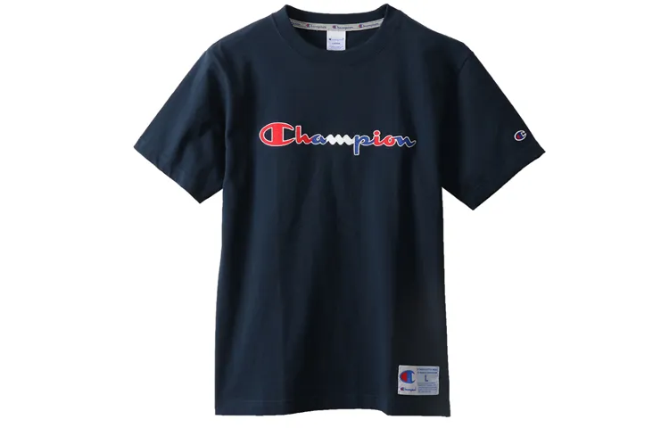 Champion Crew Neck Loose Fit Straight Fit Short Sleeved T Shirt Japan Version Unisex Navy Blue
