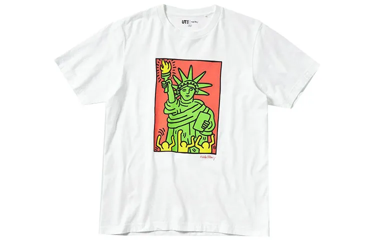 UNIQLO X Keith Haring T Shirts Unisex White Crew Neck Moderate Straight Fit