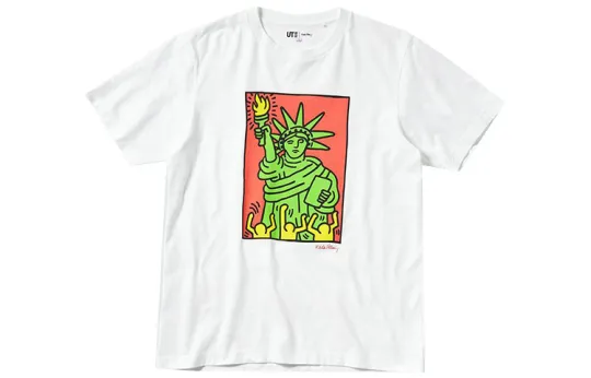 UNIQLO X Keith Haring T Shirts Unisex White Crew Neck Moderate Straight Fit