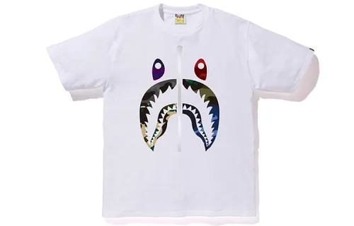 BAPE Mix Camo Shark Tee shark series splicing camouflage shark short-sleeved T-shirt for men and women, white
