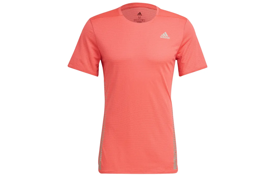 Adidas Running T Shirts Men's Bright Pink Red Fluorescent Crew Neck Moderate Straight Fit