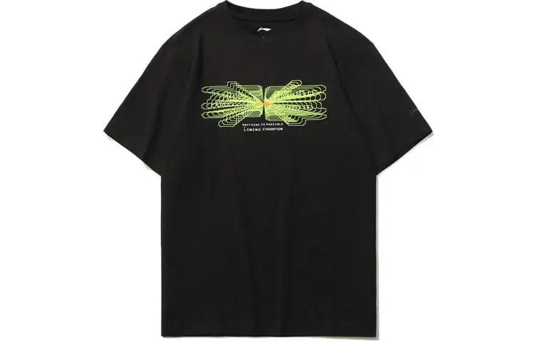 Li Ning Sports Fashion Collection T Shirts Unisex Black Green Crew Neck Moderate Straight Fit