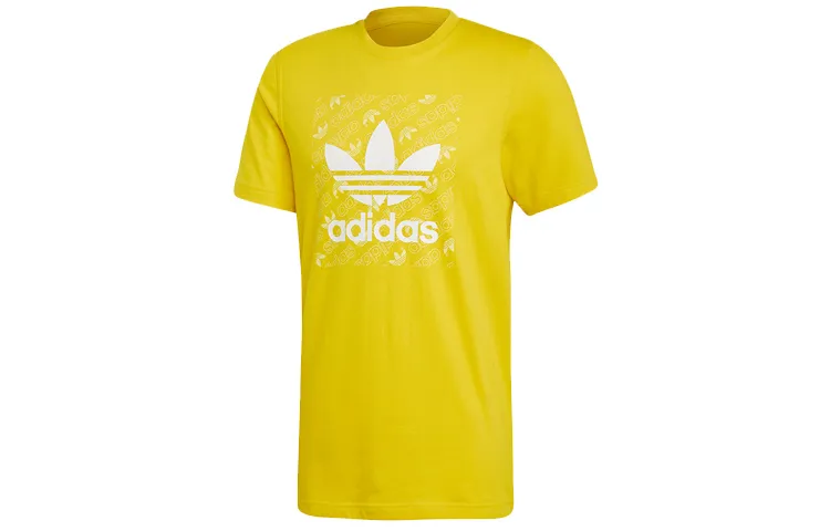 Adidas Originals MONOGRAM SQUARE Retro T-Shirts Men's Yellow Crew Neck Moderate Straight Fit