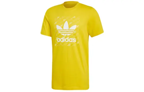 Adidas Originals MONOGRAM SQUARE Retro T Shirts Men's Yellow Crew Neck Moderate Straight Fit