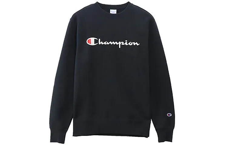Champion Classic Print Base Layer Pullover Fleece Lined Crew Neck Sweatshirt Japan Version Unisex Navy Blue