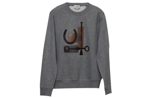 HERMES Sweatshirts Men's Gray Crew Neck Moderate Regular