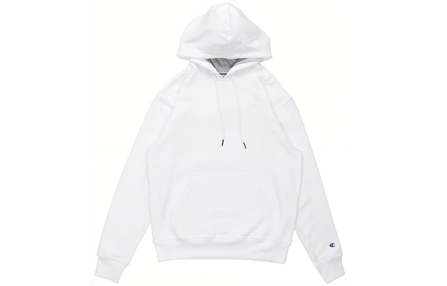 Champion Chest Cuff Double Logo Hooded Fleece Lined Long Sleeved Pullover Sweatshirt Unisex White