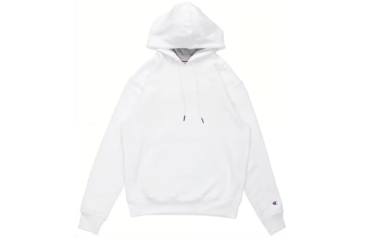 Champion Chest Cuff Double Logo Hooded Fleece Lined Long Sleeved Pullover Sweatshirt Unisex White