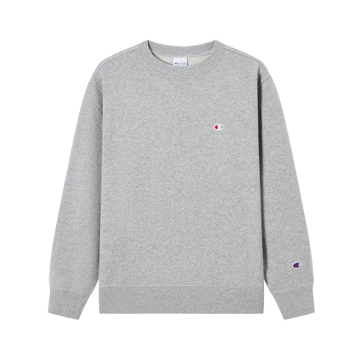 Champion Logo Fleece Lined Crew Neck Pullover Sweatshirt Japan Version Unisex Light Gray