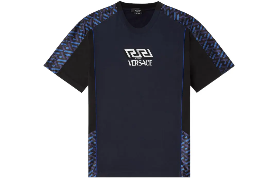 VERSACE Men Logo Letter Print Short Sleeve T-Shirt Navy Blue