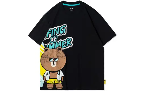 Li Ning X LINE FRIENDS Sports Fashion Collection T Shirts Unisex Black Crew Neck Moderate Straight Fit