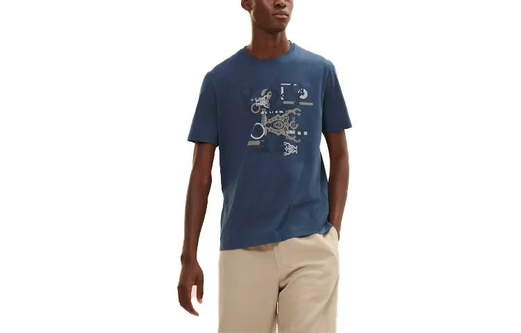 HERMES T Shirts Men's Deep Sea Blue Crew Neck Moderate Straight Fit
