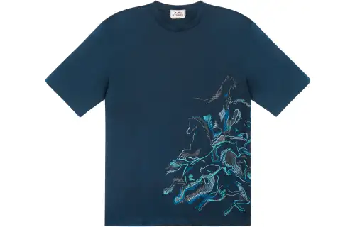 HERMES T Shirts Men's Dark Blue Crew Neck Moderate Straight Fit