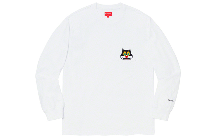 Supreme FW19 Week 4 Cat L/S Pocket Tee American trendy chest kitty pocket bottoming long-sleeved T-shirt, same style for men and women, white