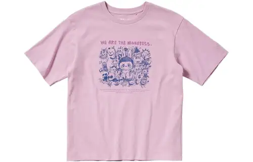UNIQLO X POP MART T Shirts Unisex Pink Crew Neck Moderate Straight Fit