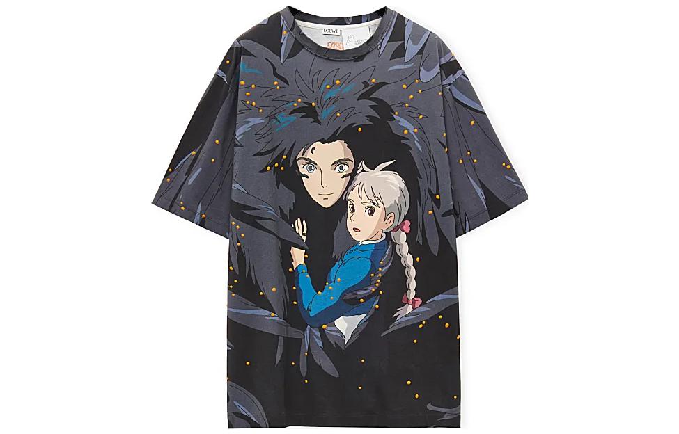 LOEWE LOEWE x Howl's Moving Castle Capsule Series SS23 Cartoon Anime Print Cotton Round Neck Short Sleeve T-shirt Unisex Navy Blue
