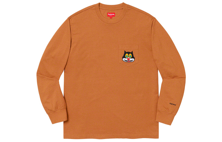 Supreme FW19 Week 4 Cat L/S Pocket Tee Chest kitty pocket bottoming long-sleeved American trendy T-shirt, same style for men and women, camel