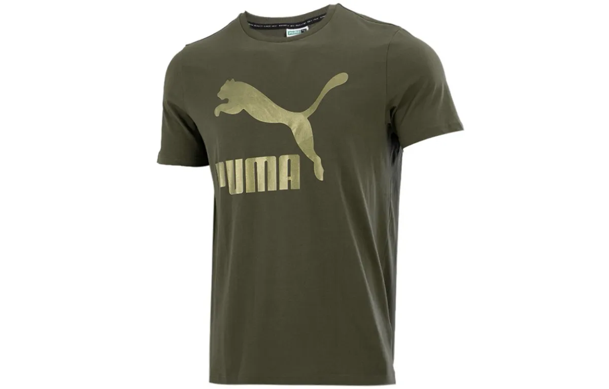 PUMA T-Shirts Men's Army Green Crew Neck Moderate