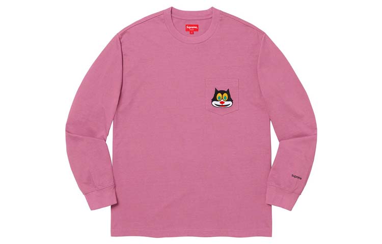 Supreme FW19 Week 4 Cat L/S Pocket Tee American trendy chest kitty pocket bottoming long-sleeved T-shirt, same style for men and women, purple