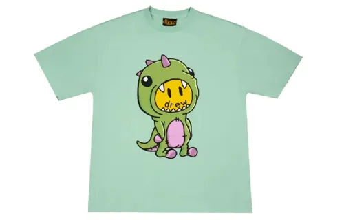 Drew house Dinosaur Collection T Shirts Unisex Mint Green Crew Neck Moderate Straight Fit