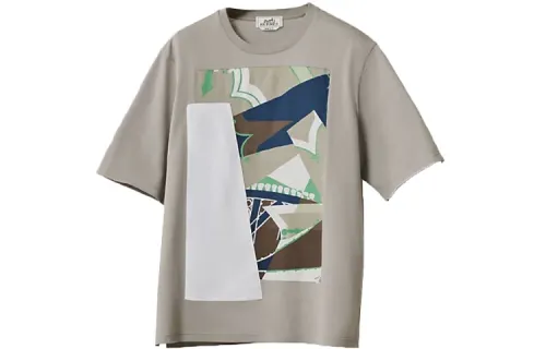 HERMES T Shirts Men's Gray Crew Neck Moderate Straight Fit