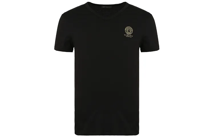 VERSACE T Shirts Men's Black V Neck Moderate Straight Fit