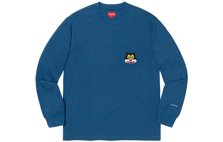 Supreme FW19 Week 4 Cat L/S Pocket Tee Chest kitty pocket bottoming long-sleeved American trendy T-shirt, same style for men and women, navy blue